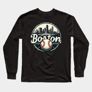 Boston Baseball Field Cityscape Retro Vintage Long Sleeve T-Shirt